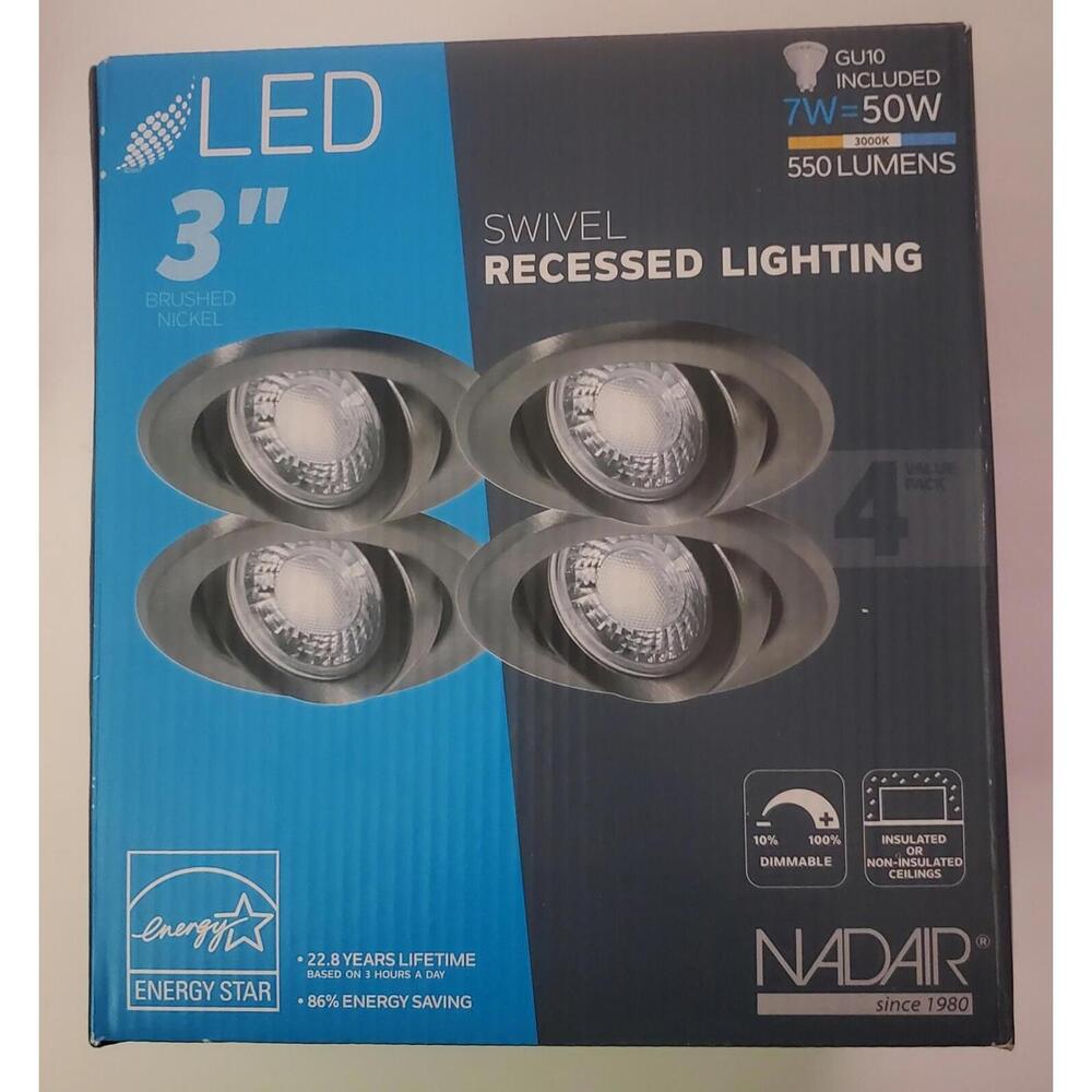 Recessed Swivel Lighting Kit Dimmable with Bulbs 3" Brushed Nickle 4 pack NADAIR